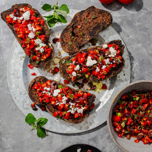 Dakos – Double Baked Rye with Lemon Olive Oil Sauce, Tomatoes Feta and Oregano